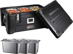 VEVOR Insulated Food Pan Carrier, 36Qt Capacity, Stackable Hot Box for catering w/ 3 Stainless Steel Pans, Top Load LLDPE Food Warmer w/Elastic Side Handles and Buckles, for Restaurant Canteen, Black