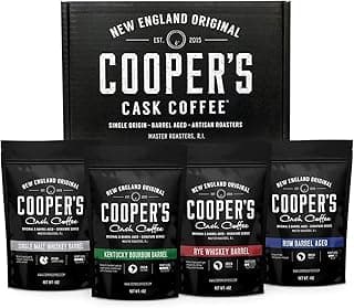 Bourbon & Whiskey Barrel Aged Coffee Box Set with Four Whole Bean Single Origin Coffees (Colombia, Sumatra, Ethiopia, Rwanda) Premium Small-Batch Gourmet Roasted Coffee Gift (Pack or 4)