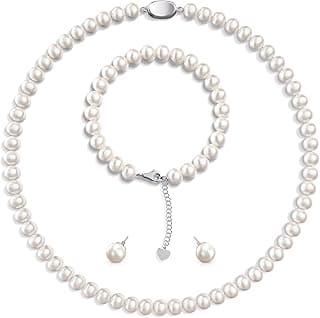 AOOVOO Freshwater Cultured Pearl Necklace Set - Real Pearl Necklace Set Includes Stunning Bracelet and Stud Earrings Jewelry Set for Women