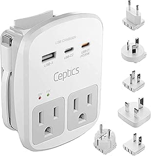 Ceptics 35W Universal Travel Adapter Kit – 2 USA sockets, USB-A, USBC, 1x PD 35W USB-C and USBC Cable, Surge Protected, Plugs for EU, UK, China, AU, Japan - for Laptop, Phone, Camera-ETL Tested
