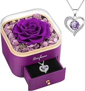 Beferr Gifts for Mom Preserved Real Rose with Necklace Eternal Roses Fresh Flowers for Delivery Prime Birthday Anniversary Purple Gifts for Women Mothers Grandma Wife Daughter Girlfriend Sister