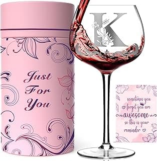 Mothers Day Gifts for Mom, Grandma, Wife - Personalized Initial A-Z Wine Glass Gifs for Women - Unique Birthday Gift for Her, Sister, Best Friend - 16oz Elegant Custom Monogram Glass (Letter K)