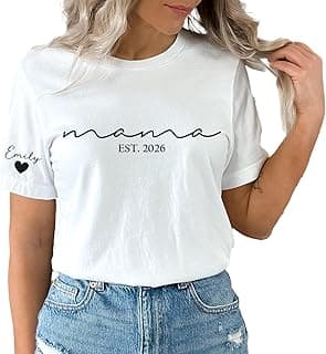 Custom Mama Shirt with Kids Names on Sleeve Personalized Mom Tshirt Mothers Day T Shirt Birthday Shirt for Mom Est 2026 for Her Plus Size Tees Mommy Tshirts Women Multicolor