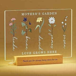 Voryusmer Personalized Gifts for Mom - Engraved Mothers Garden Night Light - Unique Birthday and Mother's Day Gift Ideas, Custom Birth Month Flower, Name, Base, Text, Optional LED Lights