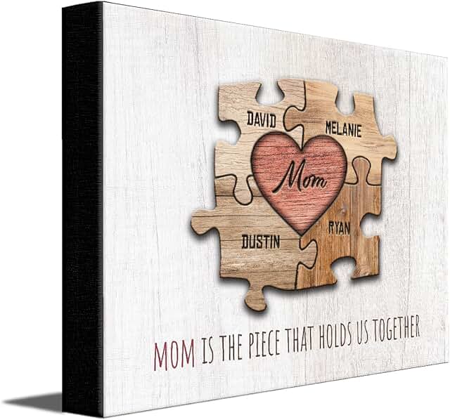 Personal-Prints MOM & Children Personalized HEART Puzzle Wall Art | Unique Customized with up to 8 Names | Mother’s Day, Birthday or Christmas Gift (11"x14" Stretched Canvas, 4 Children)