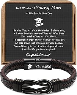 JoycuFF 𝗚𝗿𝗮𝗱𝘂𝗮𝘁𝗶𝗼𝗻 𝗚𝗶𝗳𝘁𝘀 𝗳𝗼𝗿 𝗛𝗶𝗺 𝟮𝟬𝟮𝟲, High School College Graduation Gifts Class of 2026 Leather Stainless Steel Knot Bracelet for Men Son Boyfriend Brother Grandson
