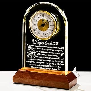 Glass Clock Graduation Gifts for Women Men with Wooden Light Base Class of 2026 Graduation Keepsakes for Her Him Inspirational Gifts Idea for College High School PHD Masters Degree