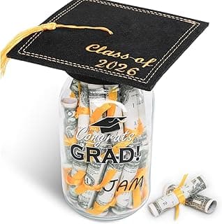 Graduation Gifts 2026 - Personalized Name Graduation Mason Jar - Filled with Money & Class of 2026 Cap Kit - Centerpieces Congrats Decorations Party Supplies for Him Her Women Men College High School