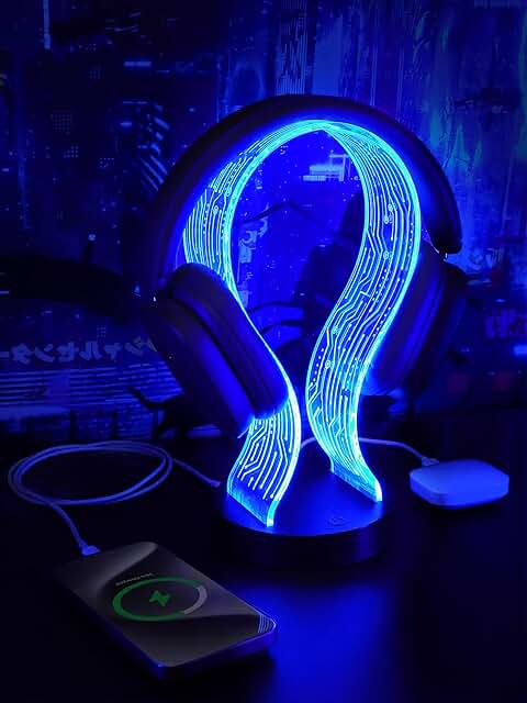 Light Up Headphone Stand with 16 Color Lights, PCB Pattern Acrylic Headset Stand with 1 USB and 1 Type-C Charging Ports, Gifts for Gamers Men and Music Lovers