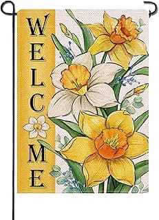 Artofy Welcome Spring Summer Floral Flower Small Decorative Garden Flag, Yellow Daffodil Eucalyptus Leaves Yard Lawn Outside Decor, Seasonal Burlap Outdoor Home Decoration Double Sided 12 x 18