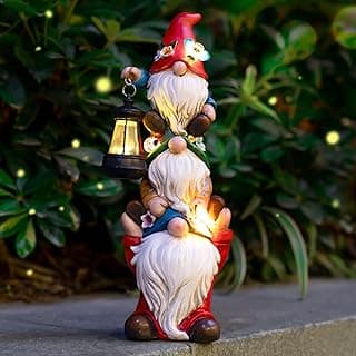 Garden Gnome Statue with Solar Lights Garden Sculptures Funny Triple Gnome Outdoor Patio Lawn Yard Balcony Home Decor Birthday Gift for Woman Grandma 12 in Spring Gnomes