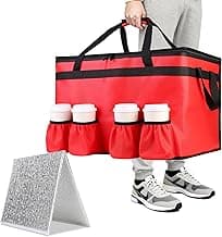 Insulated Food Delivery Bag with 4 Cup Holders and Bottom Support, XXX-Large Insulated Grocery Bags Keep Food Hot/Cold, Cooler Bags with Drink Carrier, Food Carrier Catering Bag for Events, Red