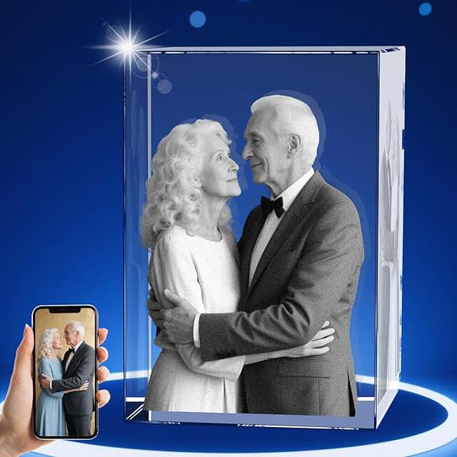 Personalized 3D Crystal Photo, Custom Laser Engraved Glass Picture Frame Gift, Great Anniversary, Birthday, Christmas, Memorial Gifts for Women, Men, Dad, Mom (Small Portrait)