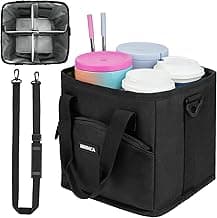 Reusable Drink Carrier with Handle – Insulated, Collapsible 4-Cup Beverage Bag with No-Spill Base, Adjustable Dividers & Shoulder Strap, Portable Caddy for Delivery, Car and Travel, Black