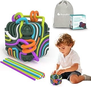 BunnyBoo Sensory Activity Board, 3D Silicone Toys for Kids with Autism & ADHD,Sensory Fidget Toys for Anxiety Relief, Calming & Focusing, BPA-Free, 15 Colorful Strings, Storage Bag(Green)