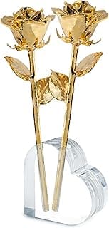 Forever Rose 24K Gold Dipped Real Rose, Handmade, Long-Lasting Preserved Flower in Acrylic Heart (Two Rose) & Gold Box, Romantic Gift for Anniversary, Mother's Day, Birthday, Wedding, Wife, Girlfriend