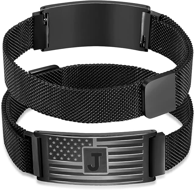 DuoDiner Easter Basket Stuffers -Initials Bracelets for Men Boys,A-Z Capital Letters American Flag Stainless Steel Bracelet Jewelry Gifts for Men Boys Kids Son Grandson Brother Dad Husband