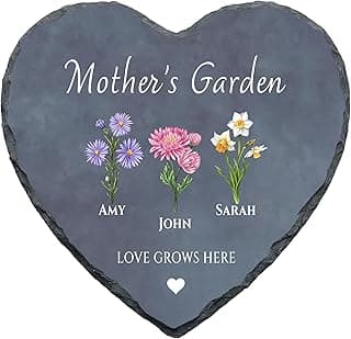 Mom’s Garden Stone Personalized with Kids Names & Birth Flowers - Custom Heart Slate Birthday Gift for Grandma, Nana, or Aunt - Unique Mother’s Day Gifts (S-204)