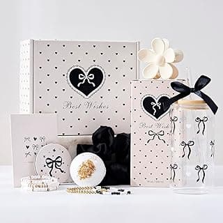 Birthday Gifts for Women Teen Girls, Coquette Black Bow Happy Birthday 7-in-1 Gift Box for Girl, Women, Sister, Daughter, Friends, Cute Black Bow Glass Cups Gift Set, Teen Girl Gifts Trendy Stuff