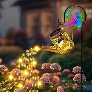 Solar Lights Garden Decorative, Solar Watering Can with Cascading Lights, Waterproof Metal Lantern with Fairy Shepherd Hook, Outdoor Decor for Yard, Patio, Gifts for Mother's Day, Women Mom