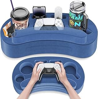 Couch Cup Holder Pillow with 6 Slots, Couch Organizer Caddy & Buddy with Customized Game Controller Hole & Armrest Pads, Removable & Washable Drink Pillow Gamer Gift for Remote, Phone, Snack
