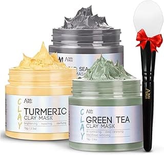 ANAI RUI 3 Pcs Face Mask Set - Turmeric Clay Mask - Green Tea Face Mask - Dead Sea Mud Mask for Oily Skin, Blackheads & Pores -Spa Gift Set Self Care for Women Teens(2.5 oz Each