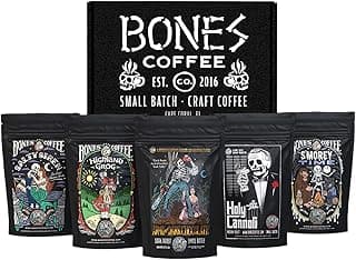 Bones Coffee Company NEW Favorite Flavors Sample Pack, Assorted Flavored Coffee Low Acid Medium Roast Arabica Beans Specialty Coffee Gifts, Auto Drip and French Press Compatible, 4 oz Pack of 5 Ground