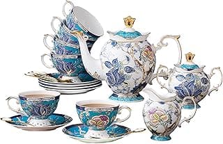 ACMLIFE Tea Sets for Adults, Tea Sets for 6 - Tea Pot Sets Blue, Porcelain Tea Sets for Women with 24K Gold, Fine Bone China, Vintage British English Afternoon Sets for Luxury Gift, Mother's Day