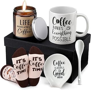 Vabean 5 Pieces Coffee Gift Basket for Women - Coffee Lover Gifts Set Includes Mug and Spoon Rest Holder, Candle and Socks, Basket Mothers Day Gift Idea for Men Women Birthday