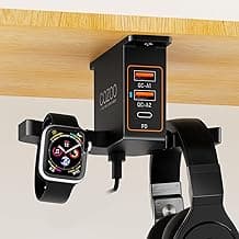 cozoo Headphone Stand with USB Charger Under Desk Headset Holder Mount 3 USB Charging Station,iWatch Stand Watch Dock Dual Earphone Hanger Hook,PC Accessories Gifts,UL Tested