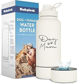Dog Mom Water Bottle - 32 oz Stainless Steel Double Wall Insulated with 8 oz Detachable Bowl on Bottom - Cool Dog Mom Gifts for Women for Hiking, Walking, Travel and Everyday Adventures - DM Cream