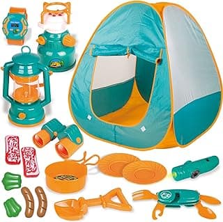 FUN LITTLE TOYS Pop Up Play Tent with Camping Gear and Tools Set, Outdoor Toys for Kids