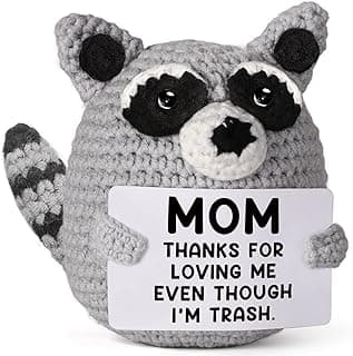 Gifts for Mom, Handmade Crochet Raccoon Plush with Funny Message Sign for Mothers Day, from Daughter Son, Small Keepsake Desk Decor for Mother