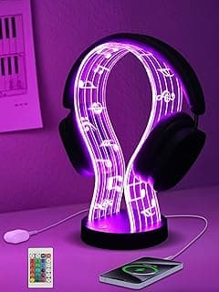 Light Up Headphone Stand with 16 Color Lights, Music Notes Pattern Acrylic Headset Stand with 1 USB and 1 Type-C Charging Ports, Gifts for Gamers Men and Music Lovers