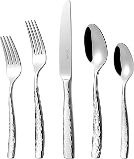 Luciella Ponza Flatware Set for 12, 65-Piece Stainless Steel Silverware Set with Serving Utensils, Timeless Hammered Design, Rust-Resistant, Mirror Polished & Dishwasher Safe Mothers Day Gifts