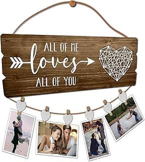 Buecasa Romantic Gifts for Girlfriend Boyfriend Couples Fiance - All of Me Loves All of You Photo Holder with 6 Heart Clips 15.8x6.0 Inches