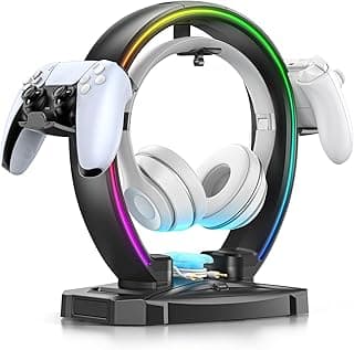 KDD RGB Headphone & Controller Stand with 9 Light Modes - Foldable Controller Hanger for Desk - Earphone Stand with Cable Organizer - for Gamers Desktop Accessories