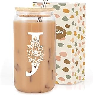 Coolife Initial Glass Cup, Monogrammed Gifts for Women, 16 oz Glass Cups w/Lids Straws, Iced Coffee Smoothie Beer Tumbler w/Straw Lid, Personalized Valentines, Birthday Gifts for Her Mom Friend Woman