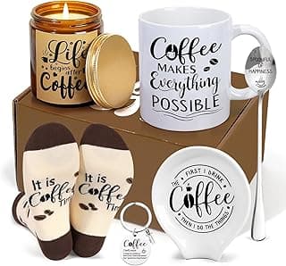 Coffee Gifts, 6PCS Coffee Gift Basket, Coffee Lover Gift Set Includes Coffee Mug Spoon Rest Holder Coffee Socks Keychain, Birthday Christmas Gift for Women Men Coffee Lover Friends