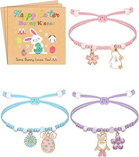 Easter Gifts for Kids, 3 Pcs Adjustable Bunny Charm Bracelets with Bunny Card, Cute Jewelry Bracelet Easter Basket Stuffers for Teens Women Toddler