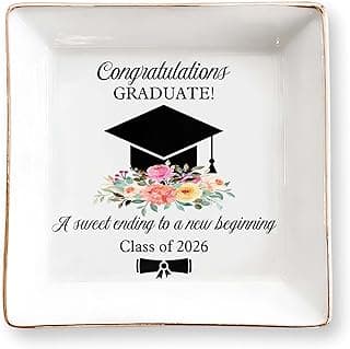 Graduation Gift for Her 2026 – Cap & Flowers Graduate 4" Ceramic Jewelry Dish – Class of 2026 Gift for Daughter, Sister, Friend– High School, College or University Graduate Keepsake Jewelry Tray Gifts