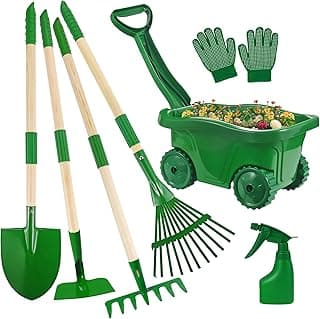 Duckura Kids Gardening Tools Set - 7pcs Wheelbarrow Set for Kids with Shovel, Rake, Leaf Rake, Summer Outdoor Yard Digging Weed Birthday Gifts Toys, Easter for Boys Girls Age 2 3+ Years(Green)
