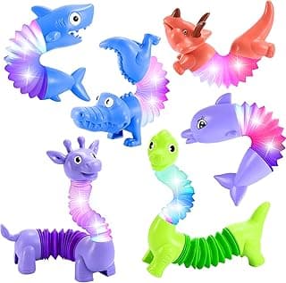 Animals Fidget Toys for Toddlers: 6 Pack LED Animal Pop Tubes for Kids 3 4 5 6 7 8 Year Old Girls Boys Toddler Birthday Gifts Autism Sensory Toy for Grandkids Age 3-8 Tube