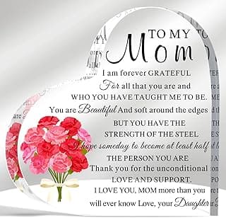 Yulejo Mom Birthday Gift from Daughter Son 6 Inch to My Mom Heart Shaped Acrylic Sign Appreciation Plaque with Carnation Flower for Mother's Day