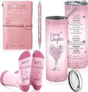 4 Pcs To My Daughter Gifts Set Mother Day Presents Leather Journal Stainless Steel Tumbler Pen Socks Mother Day Daughter Gifts Basket Ideas from Mom Dad Granddaughter Birthday