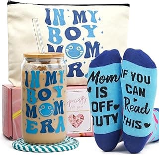 ANOTION Boy Mom Gift Set - Mothers Day Gifts, First Mothers Day, Boy Mom Iced Coffee Cups, Coffee Mug with Straw, Mama Birthday Thanksgiving Gift, Glass Tumbler Drinking Cup