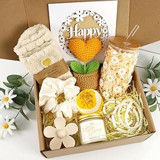Birthday Gifts for Women, Unique Happy Birthday Gift Baskets for Teen Girls, Women, Her, Best Friend, Daughter, Sister, Self Care Package Cute Daisy Aesthetic Glass Cups Gift Box 9pcs Set