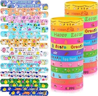 xutengy 48Pcs Easter Party Favors Decorations Slap Bracelets Rubber Wristbands for Kids Girls Boys，Easter Basket Stuffers Easter Egg Fillers Gifts for Toddlers