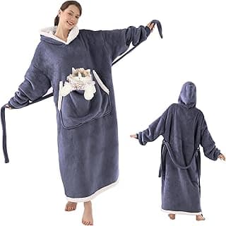 Wearable Blanket Hoodie with Cat Pouch, Gifts for Women Mom Girlfriend Pet Lovers, Extra Soft Sherpa Fleece & Cozy Flannel Blanket Sweatshirt, Gray Purple