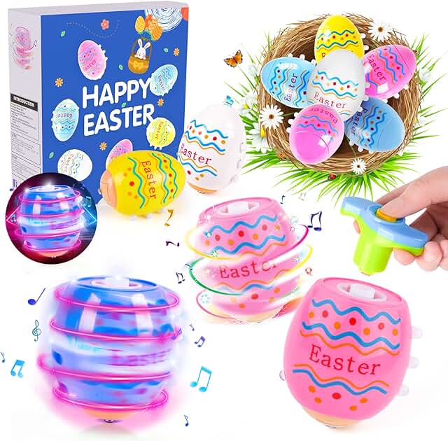 Vatos Easter Toys Eggs for Kids - 6 Pack Lighting & Spining & Singing Plastic Colorful Easter Toys Egss, Easter Basket Stuffers Party Favors Gifts for Kids 3+ Boys Girls